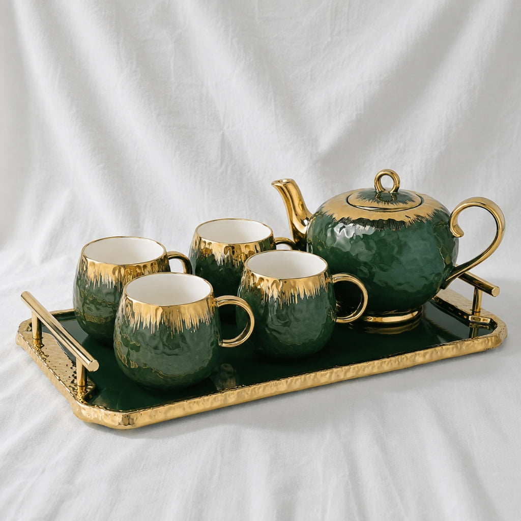 Serene Botanical Green Ceramic Tea Set with Teapot and Serving Tray