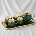 Serene Botanical Green Ceramic Tea Set with Teapot and Serving Tray