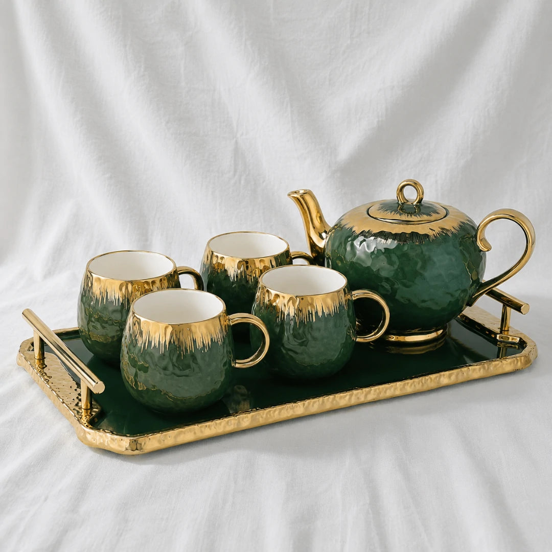 Serene Botanical Green Ceramic Tea Set with Teapot and Serving Tray