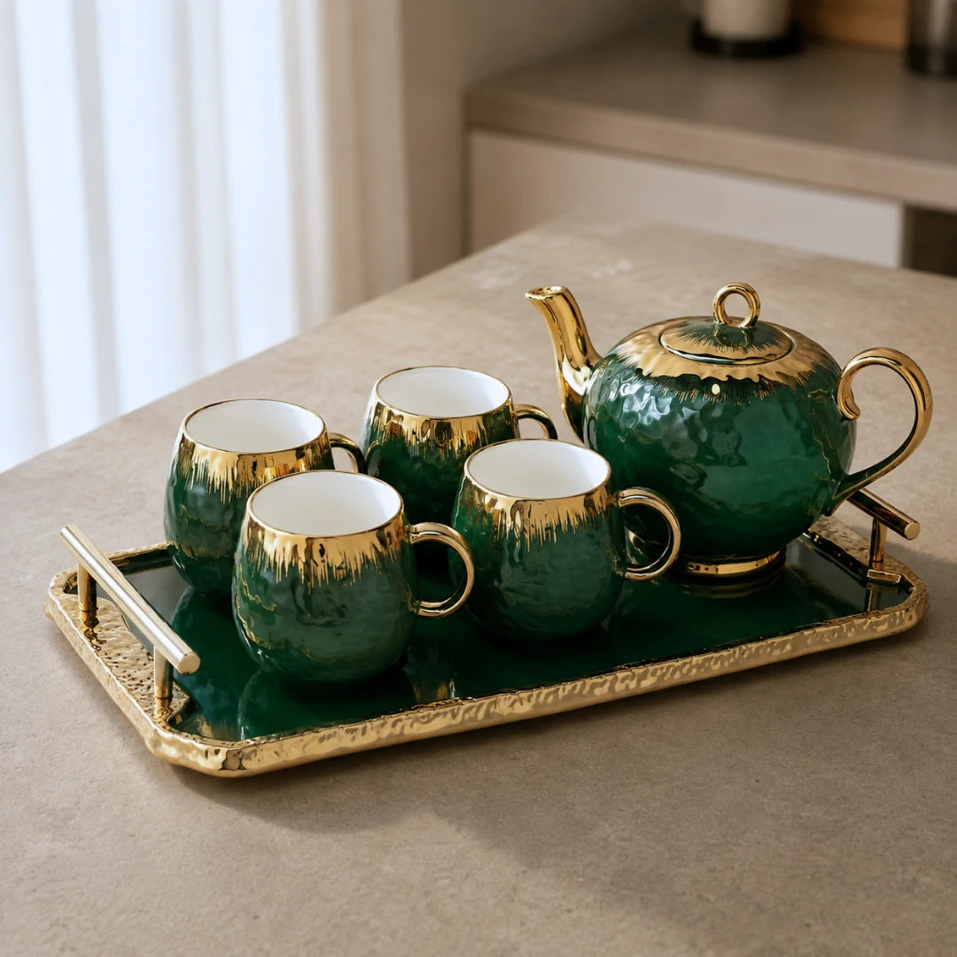 Serene Botanical Green Ceramic Tea Set with Teapot and Serving Tray
