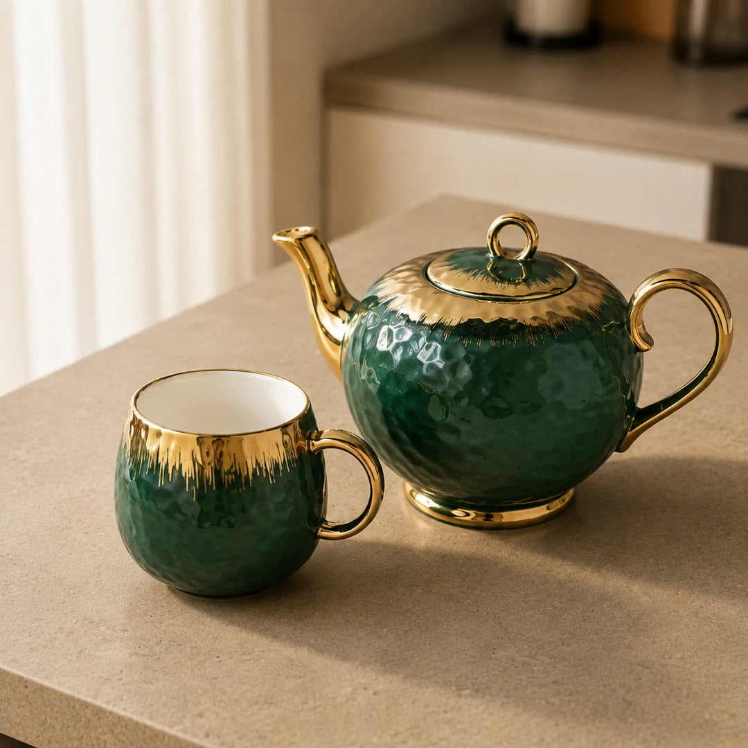 Serene Botanical Green Ceramic Tea Set with Teapot and Serving Tray