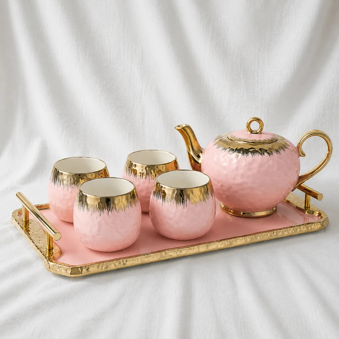 Charming Pastel Pink Ceramic Teapot and Cup Set with Matching Serving Tray