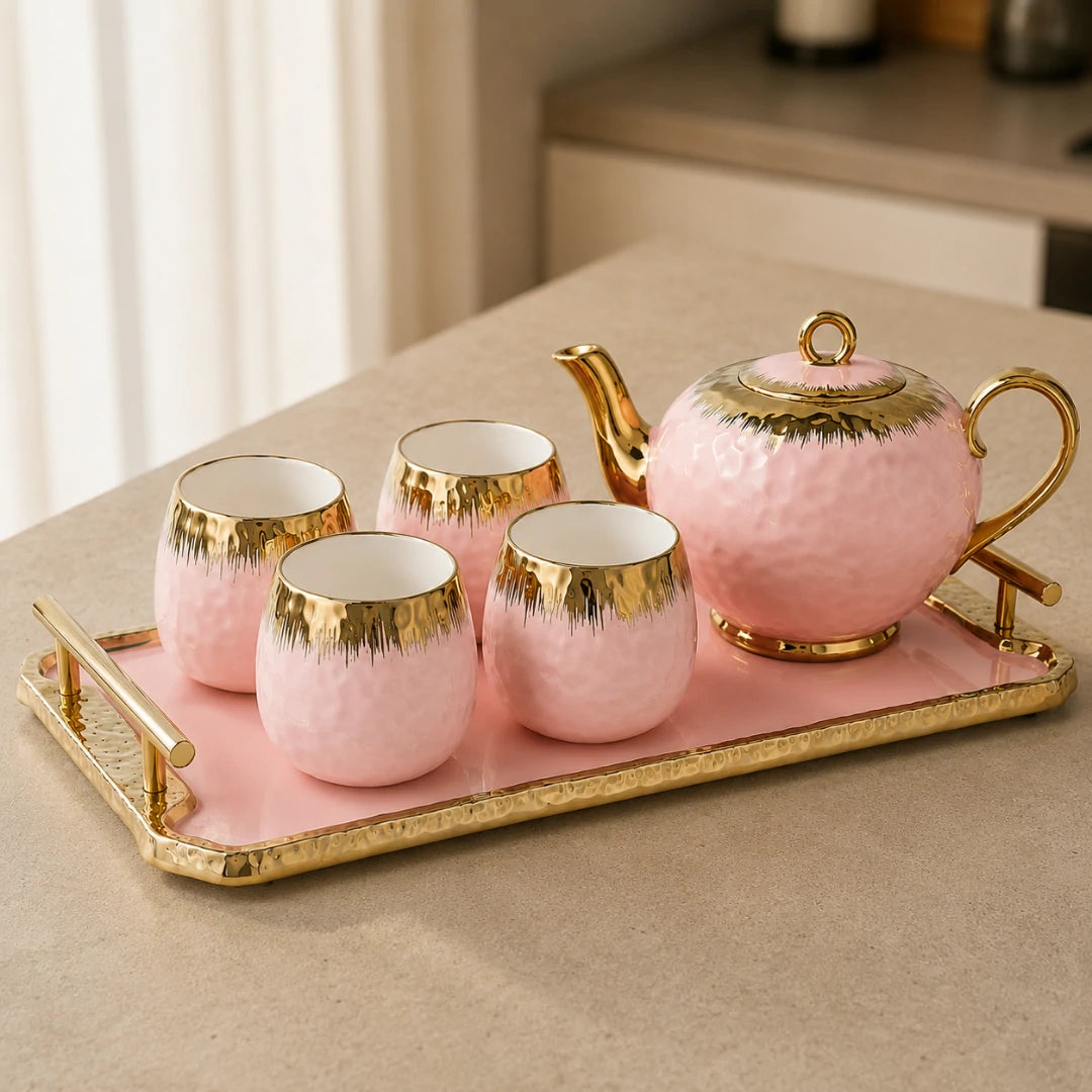 Charming Pastel Pink Ceramic Teapot and Cup Set with Matching Serving Tray