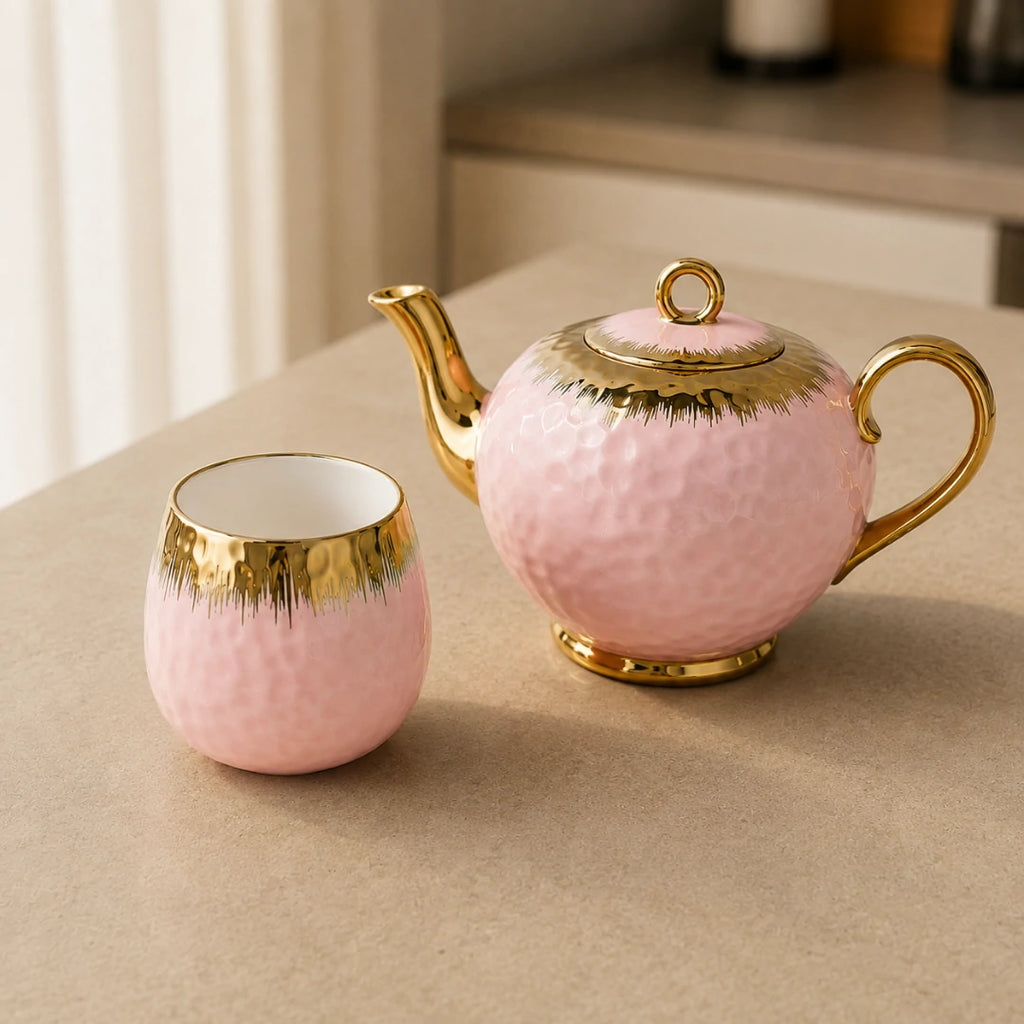 Charming Pastel Pink Ceramic Teapot and Cup Set with Matching Serving Tray