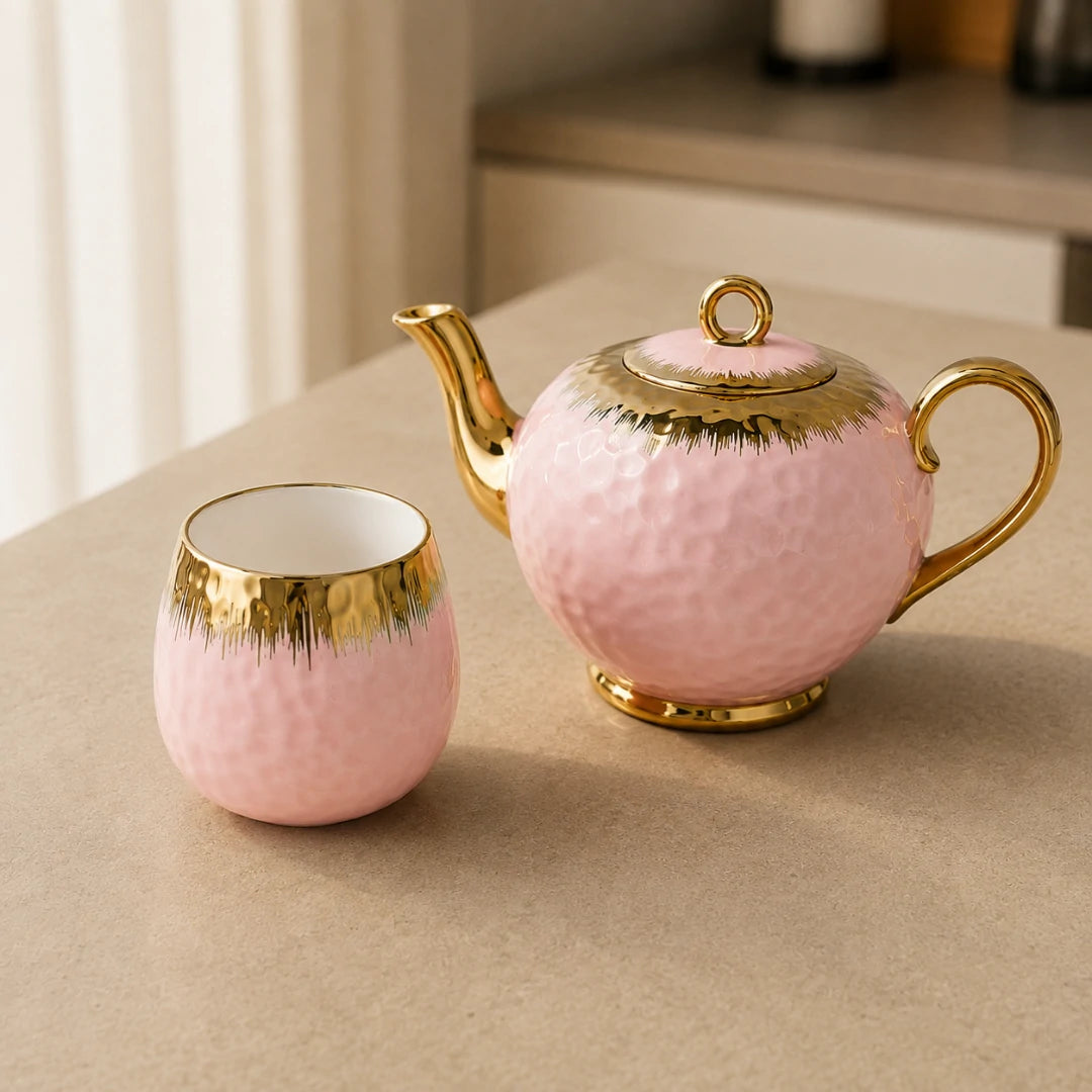 Charming Pastel Pink Ceramic Teapot and Cup Set with Matching Serving Tray