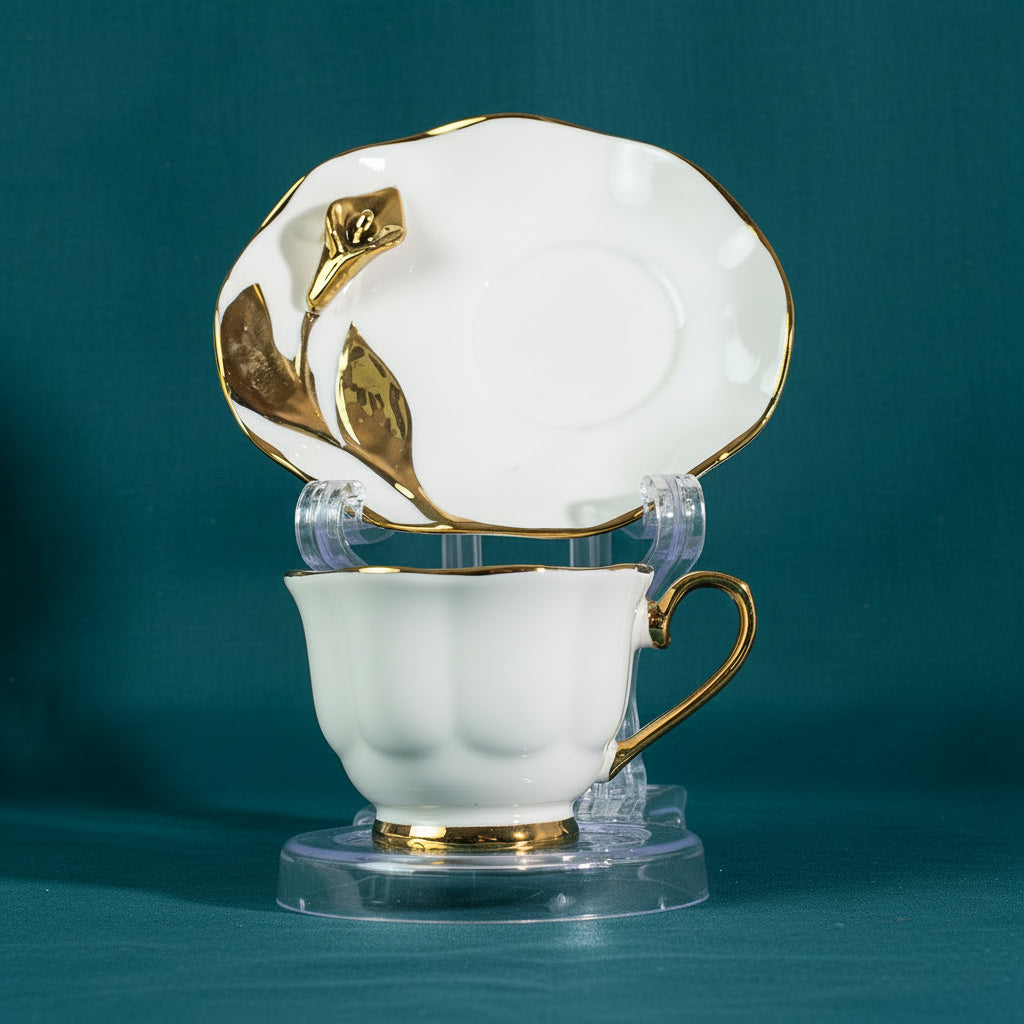 Gold/White Coffee Set of 6Pcs W/Flowered Plate