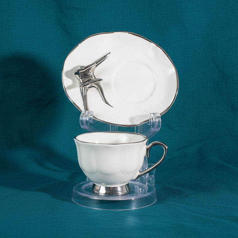 Silver/White Coffee Set of 6Pcs W/Flowered Plate