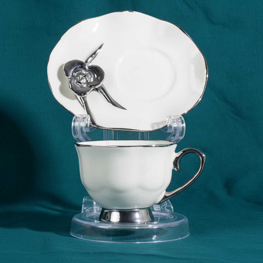 Silver/White Coffee Set of 6Pcs W/Flowered Plate