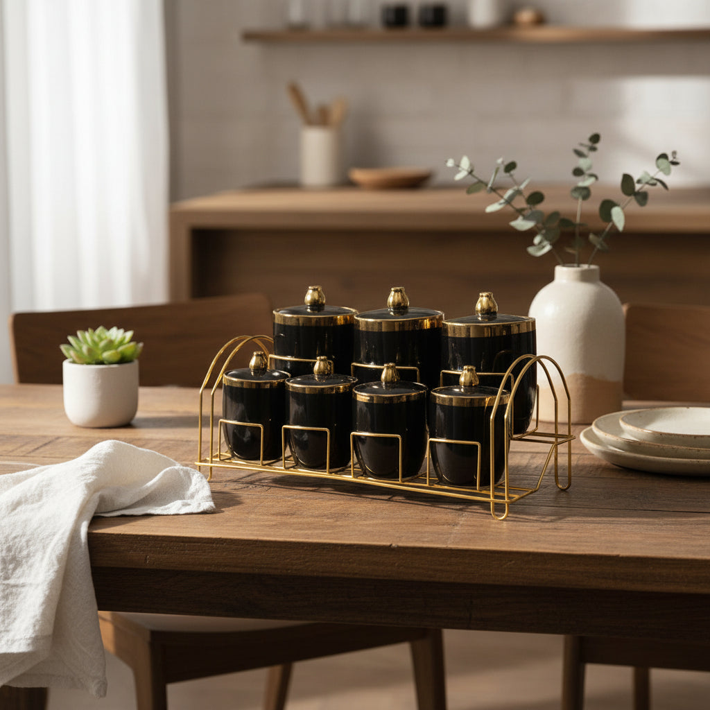 طقم برطمانات توابل زجاجية ومعدنية سوداء بتصميم صناعي عصري مع حامل يوضع على سطح الطاولة