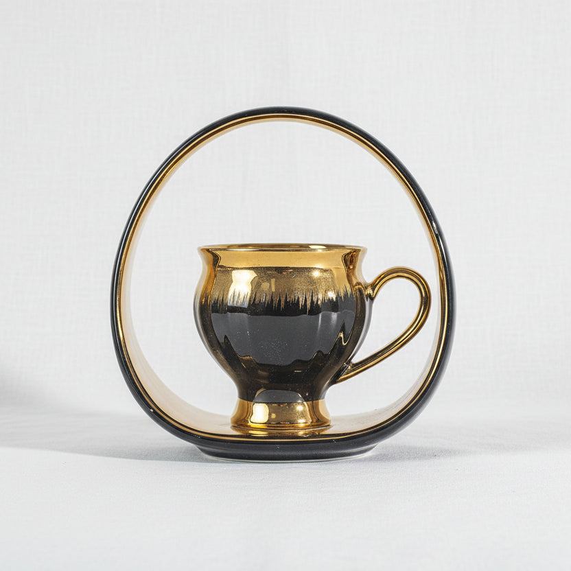 Gold/Black Coffee Set of 6Pcs W/Handled Plate