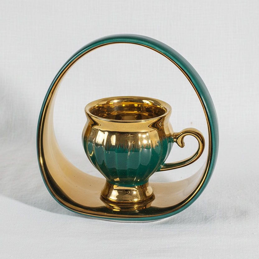 Gold/Green Coffee Set of 6Pcs W/Handled Plate