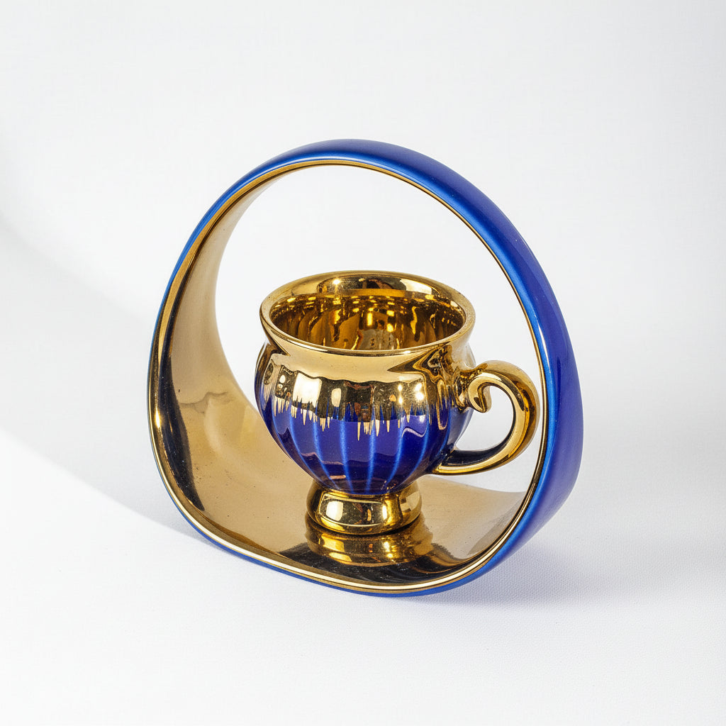 Gold/Blue Coffee Set of 6Pcs W/Handled Plate