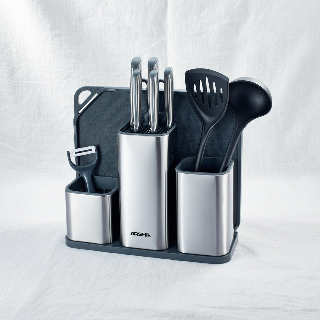 Arshia 11-piece Steel Knife Set with Cutting Board and Knife Stand