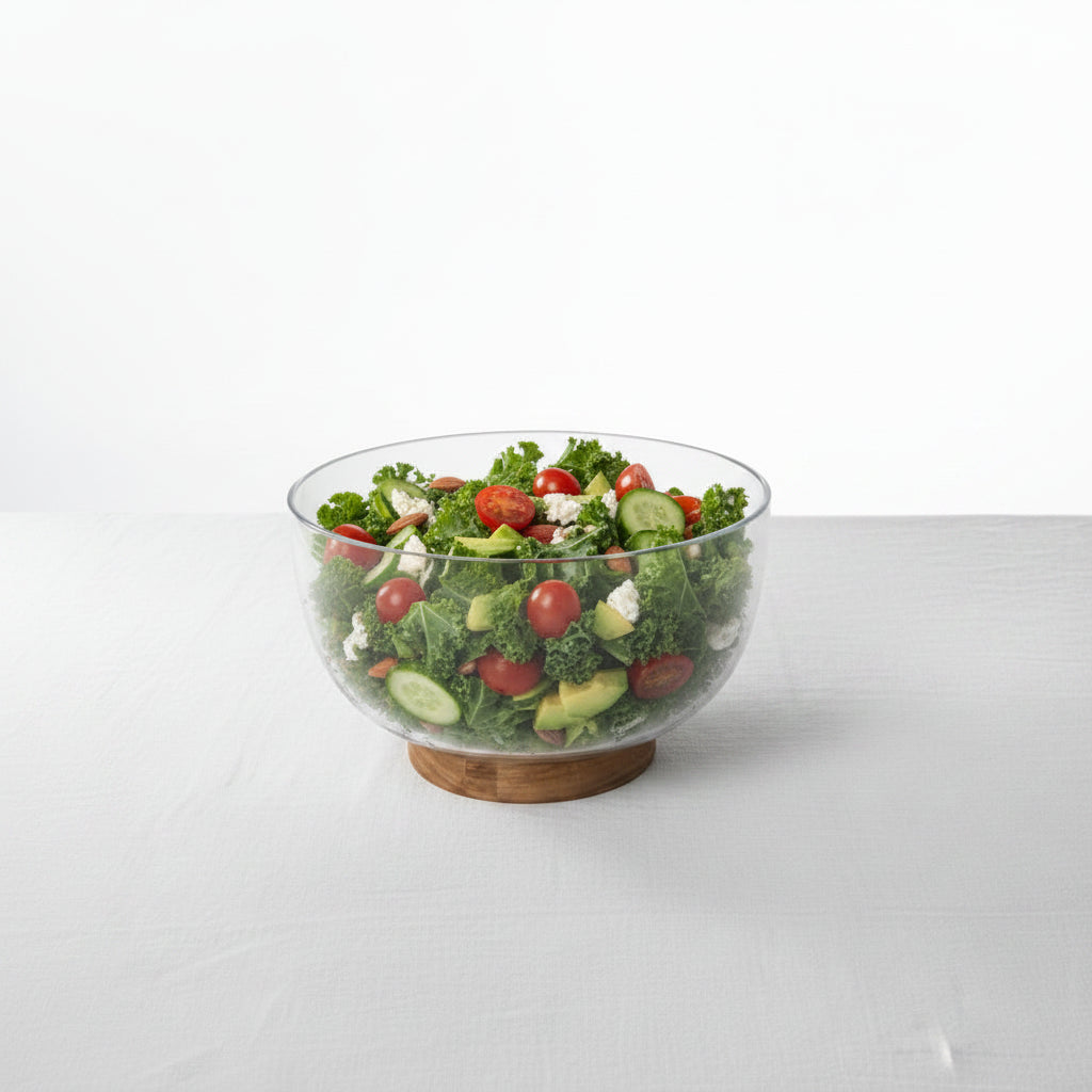 Glass Salad Bowl with Acacia Wood Base