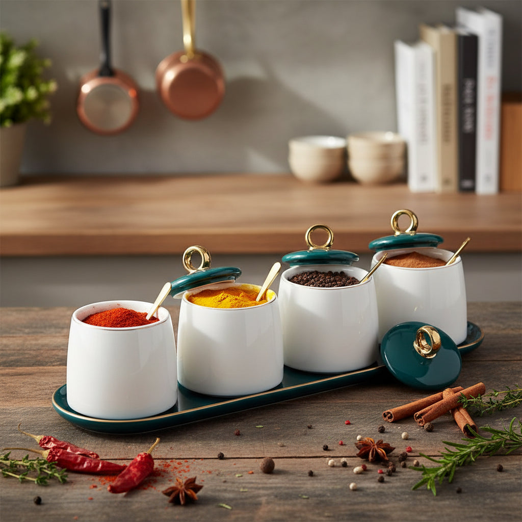 White/Green Spice Set With Lid 4Pcs