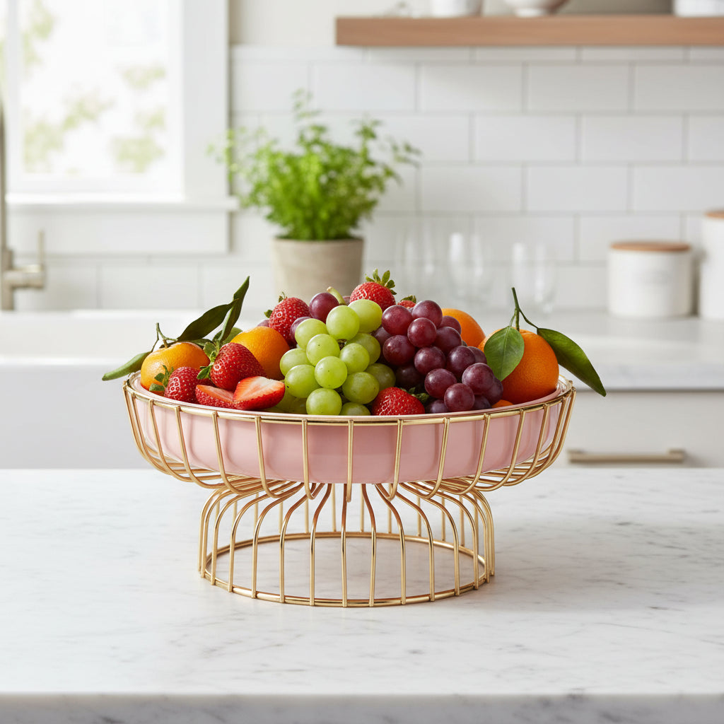 Luxurious Pink Porcelain Fruit Plate on Elegant Golden Stand
