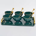 Gilded Emerald Glass Jelly & Dessert Set with Matching Serving Tray