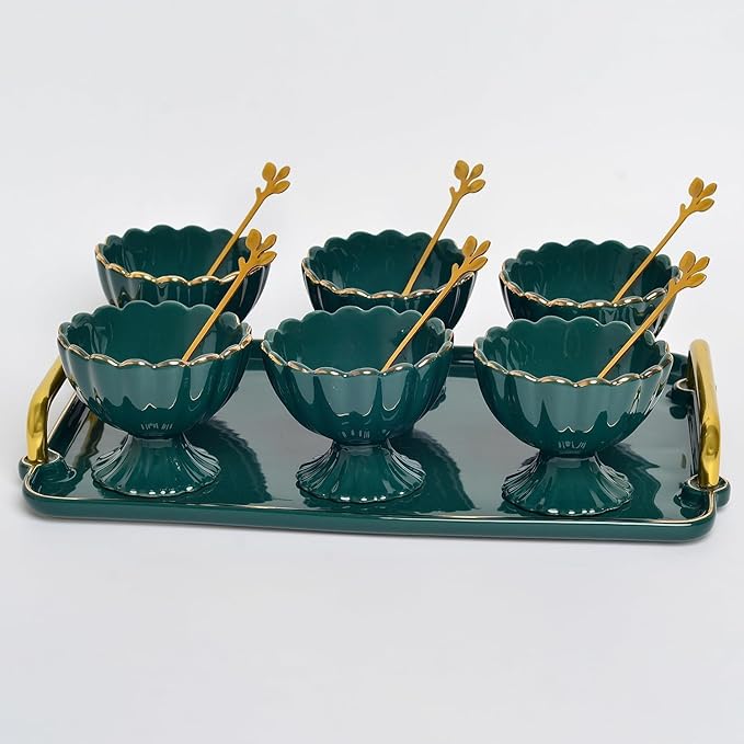 Gilded Emerald Glass Jelly & Dessert Set with Matching Serving Tray