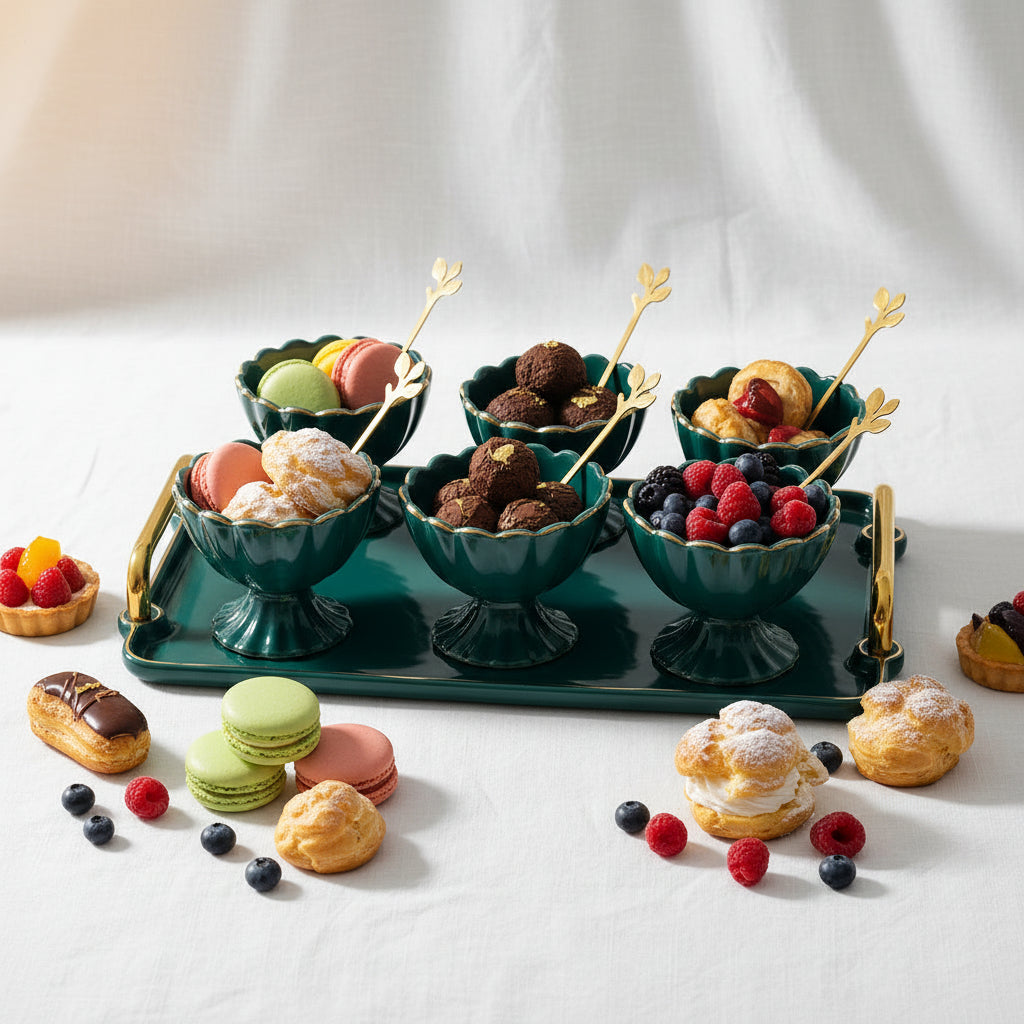 Gilded Emerald Glass Jelly & Dessert Set with Matching Serving Tray