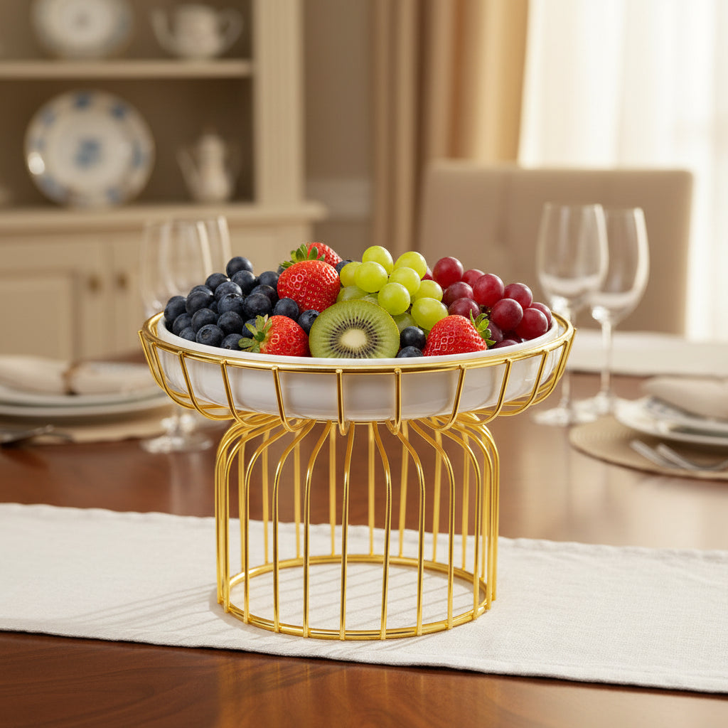 Opulent La Maya White 25cm Fruit Plate with Elegant Gold Stand