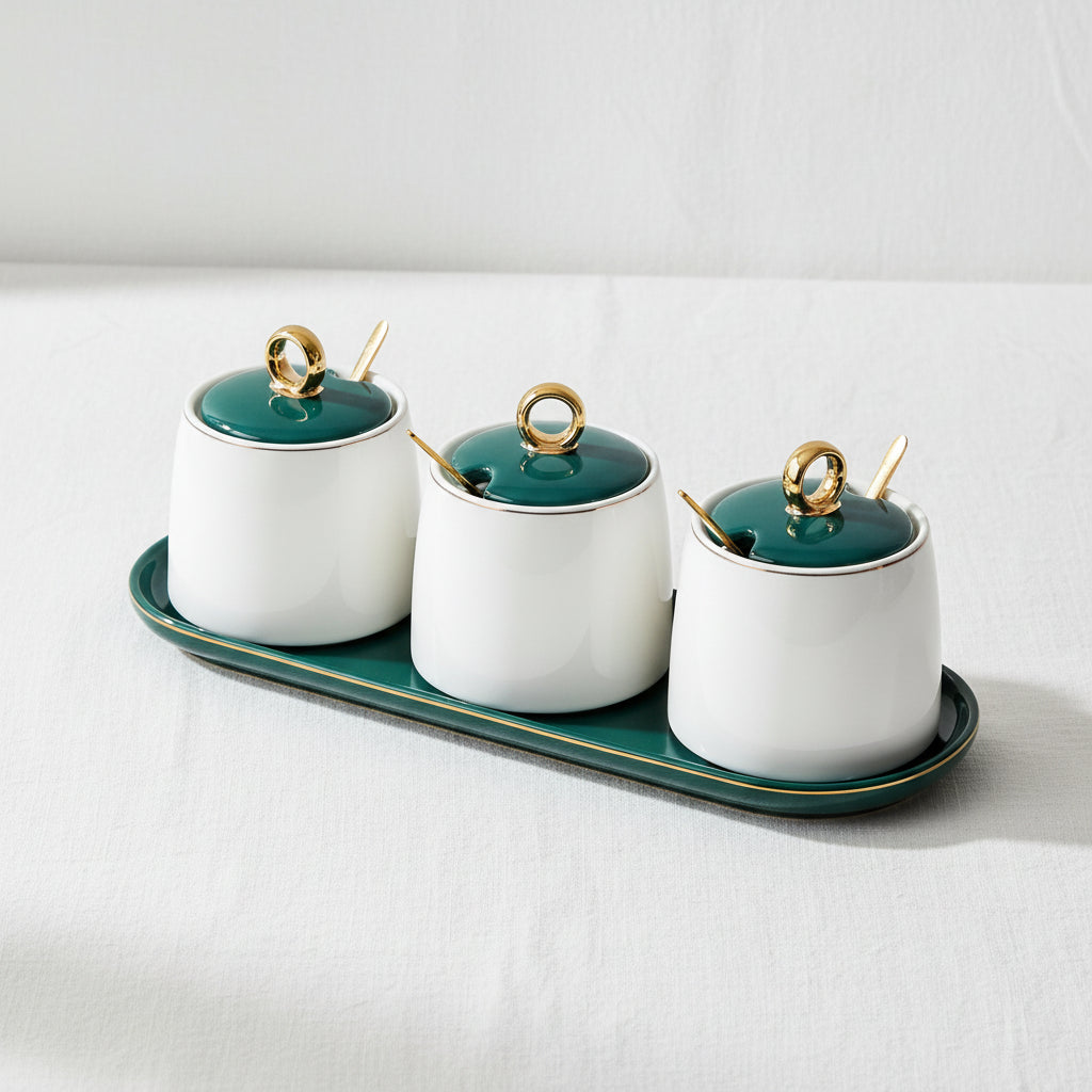 White/Green Spice Set With Lid 3Pcs