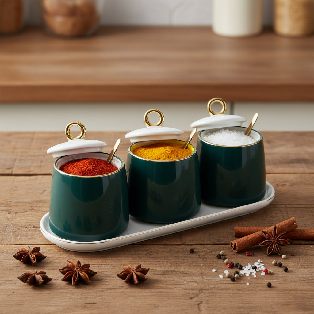 Elegant Green and White 3-Piece Spice Canister Set with Lids