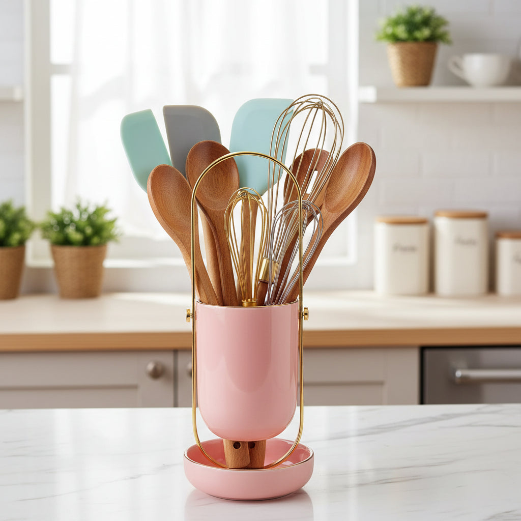 Charming Pastel Pink Porcelain Countertop Kitchen Utensil Holder