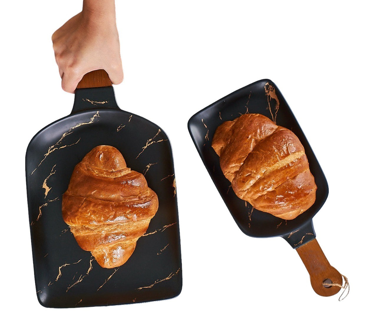 طبق تقديم خزفي أسود مع مقبض خشبي