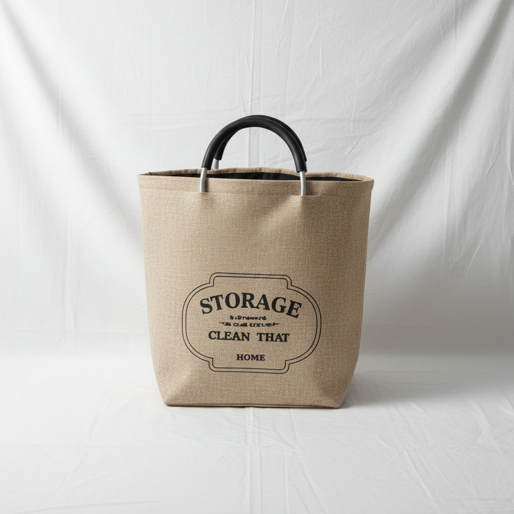 Beige Storage Bag W/Wooden Handle