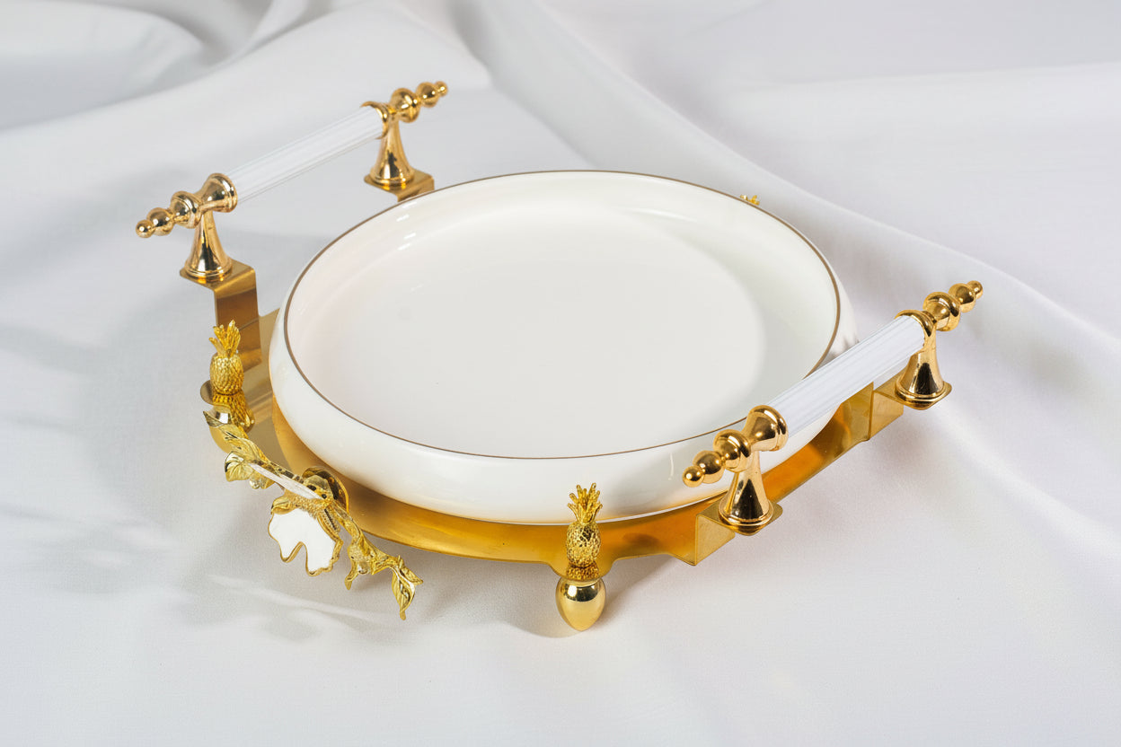 Round Sweet Tray W/Gold Handles and Bases