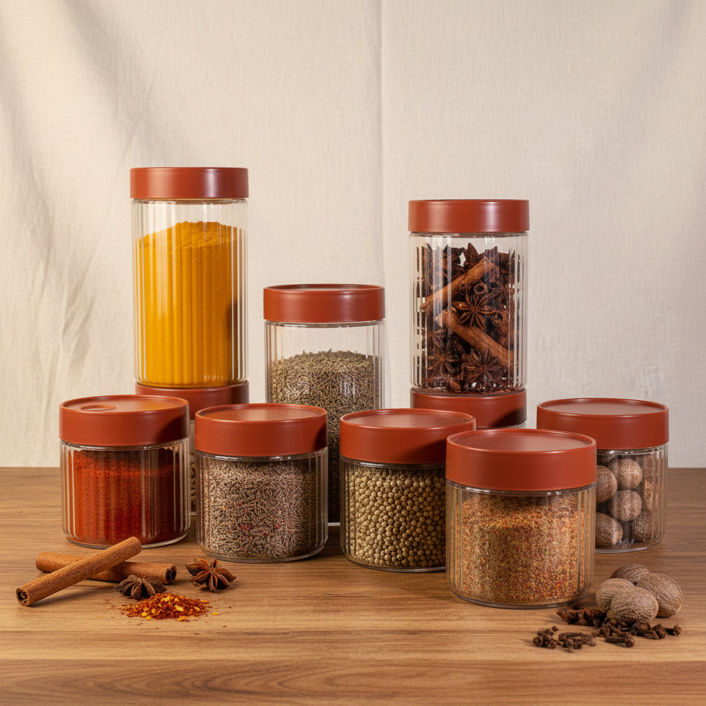 Sleek Minimalist 7-Piece Glass Spice Jar Set with Organizer Rack