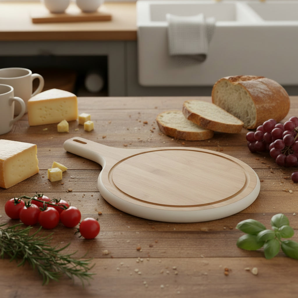 Tessie & Jessie Circular Wooden Cutting Board (26cm - White Accent Edition)