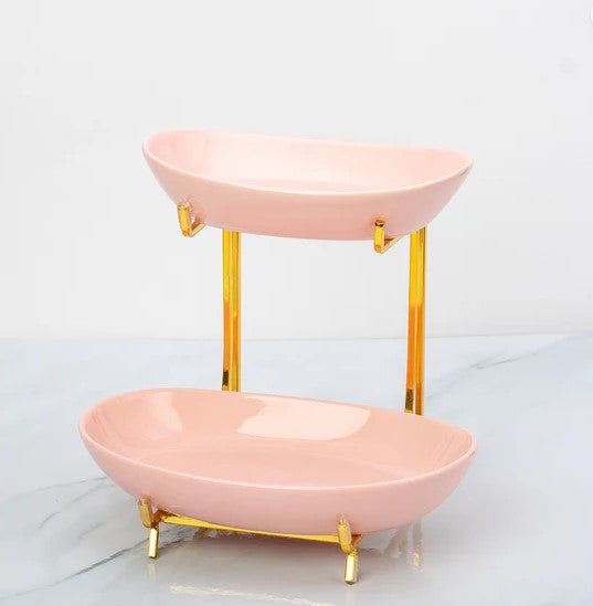 Elegant Blush Pink 2-Tier Serving Plate with Lid & Metal Holder