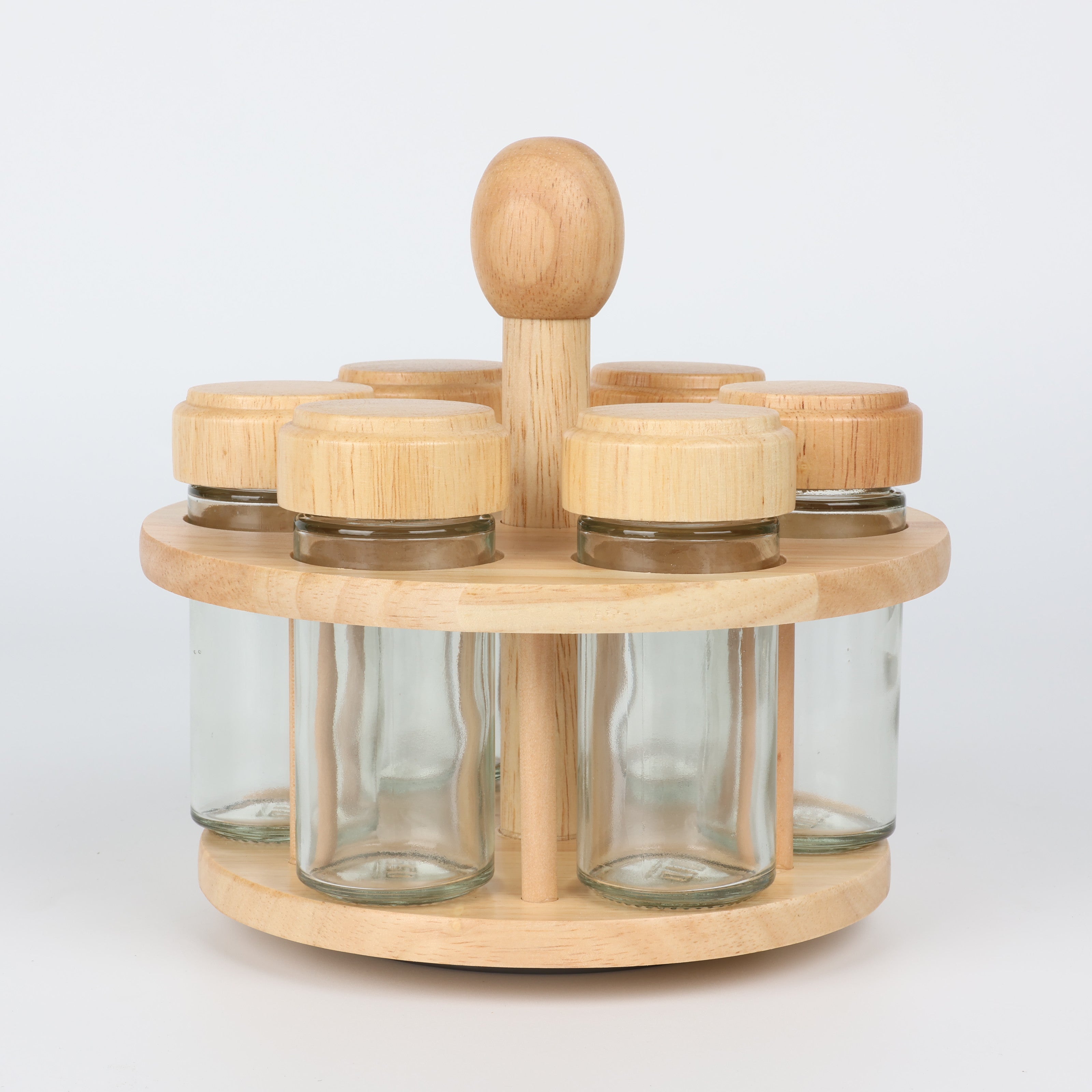 Wooden Spice Rotating Rack with 6 Glass Jars