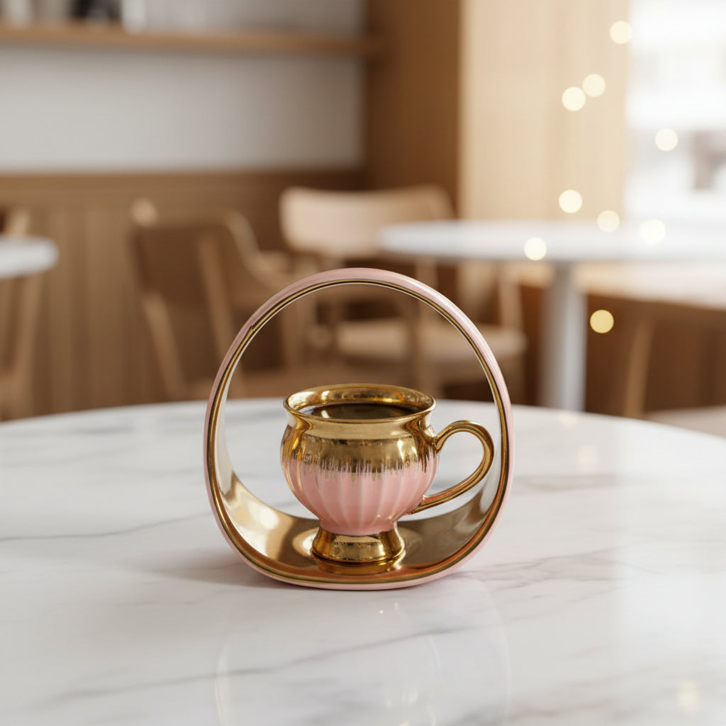 Gold/Pink Coffee Set of 6Pcs W/Handled Plate
