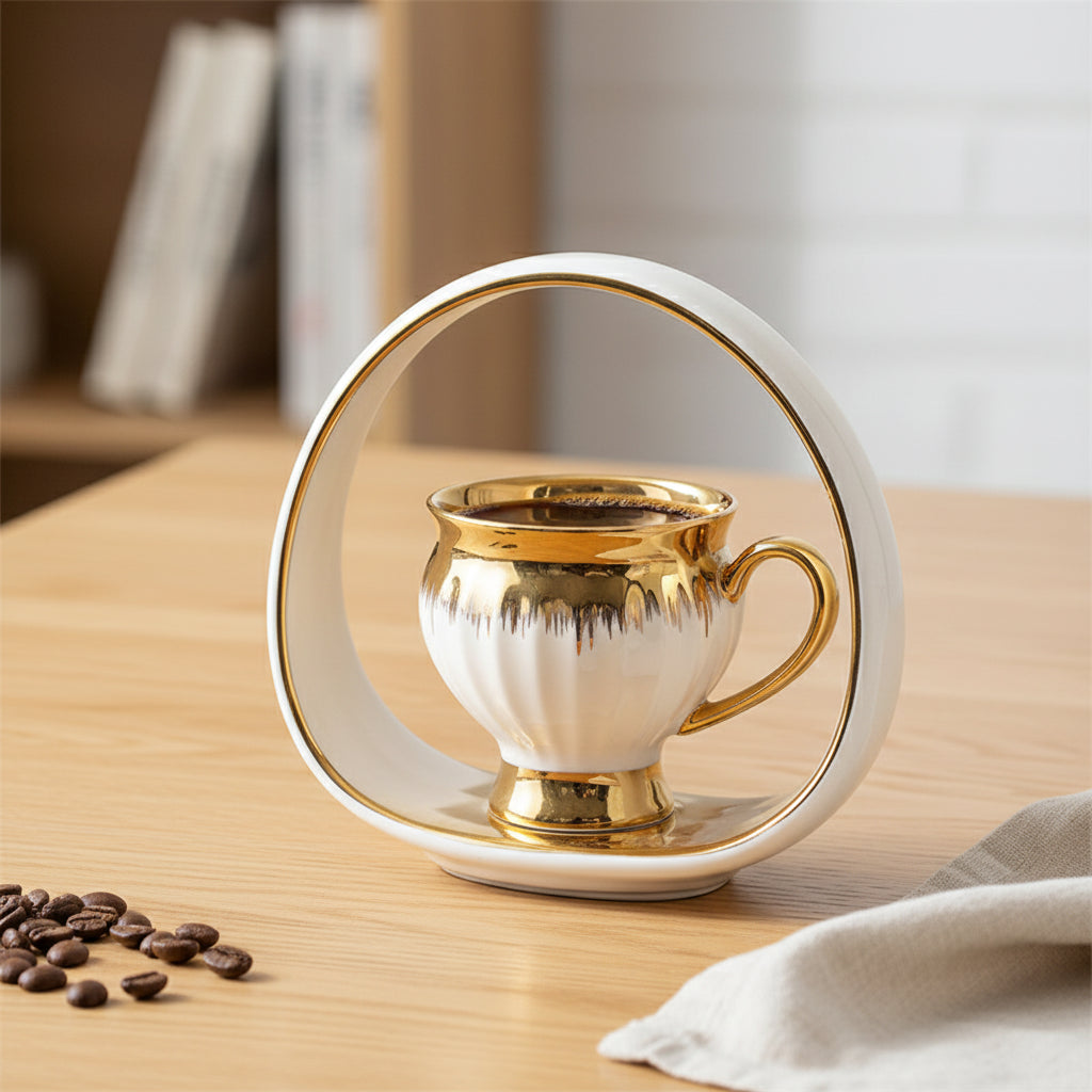 Luxury Gold & Warm Beige Coffee Set (6-Piece with Handled Plate)