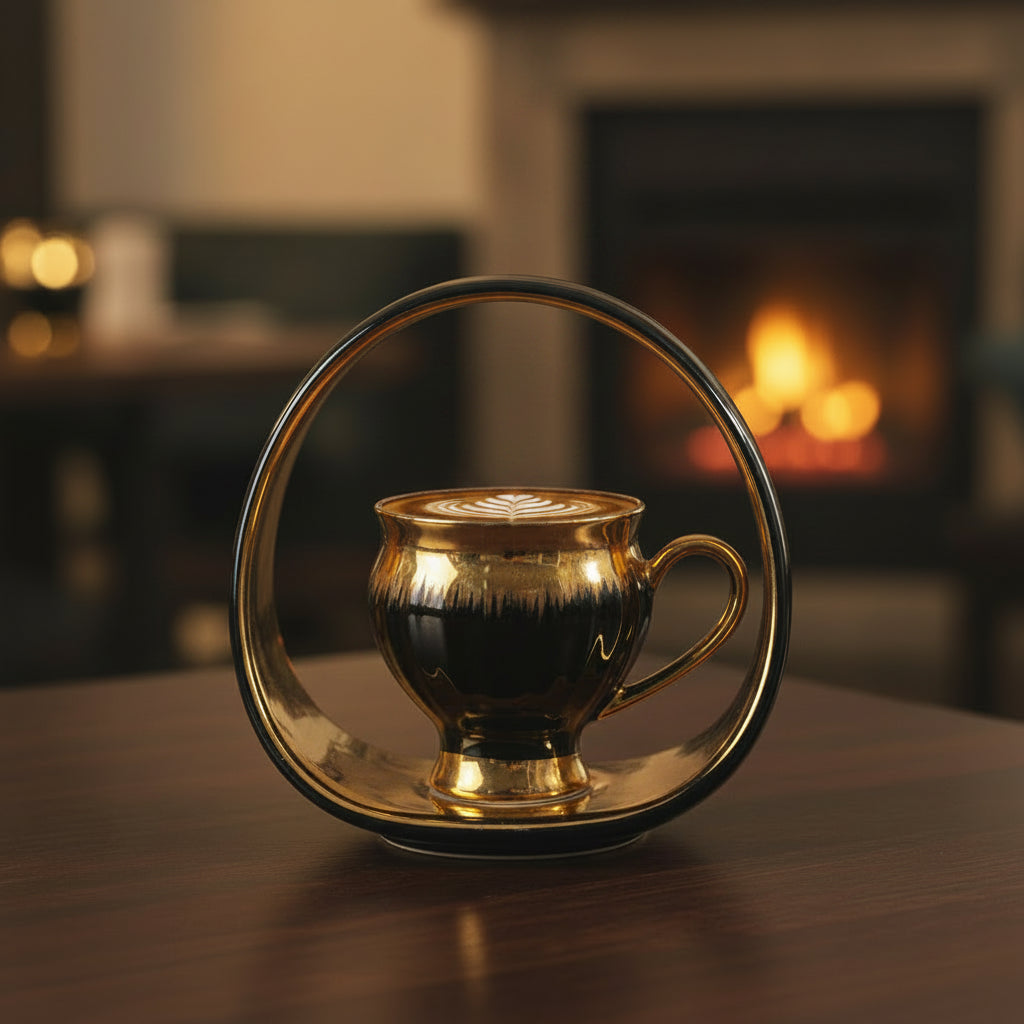 Gold/Black Coffee Set (6-Piece) with Handled Plate