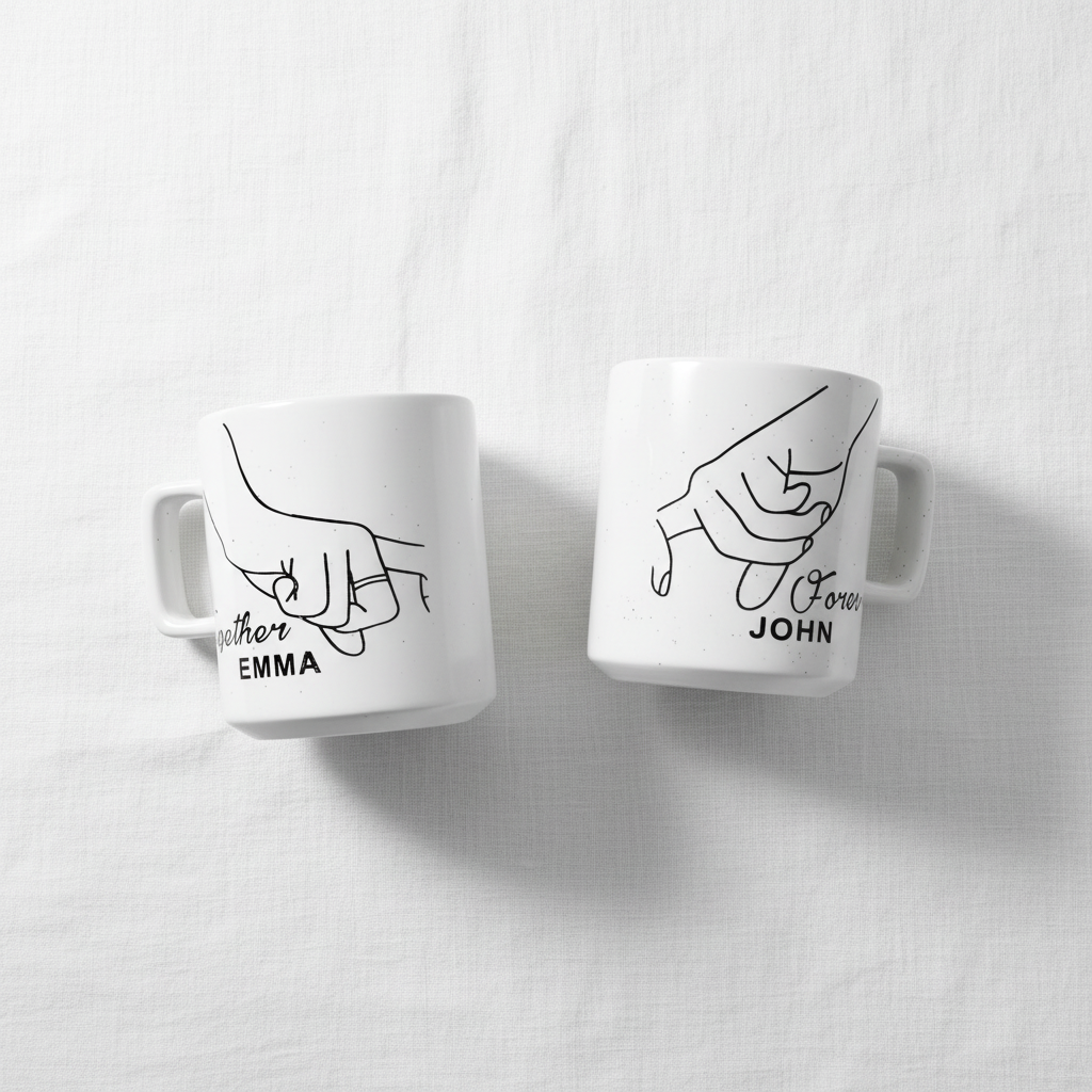White Porcelain Set of 2 Mugs Connecting Hands