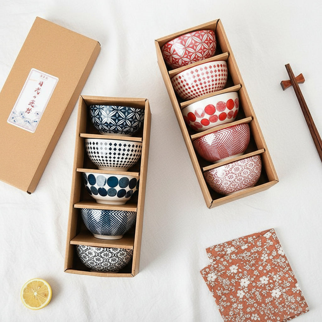 Bohemian Red/White Porcelain Bowl Set 5Pcs