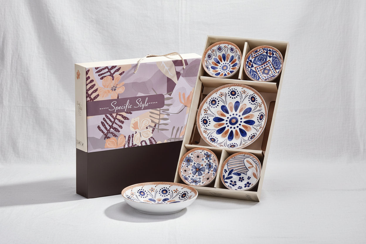 Bohemian Porcelain Rice Bowl Set 4+2Pcs