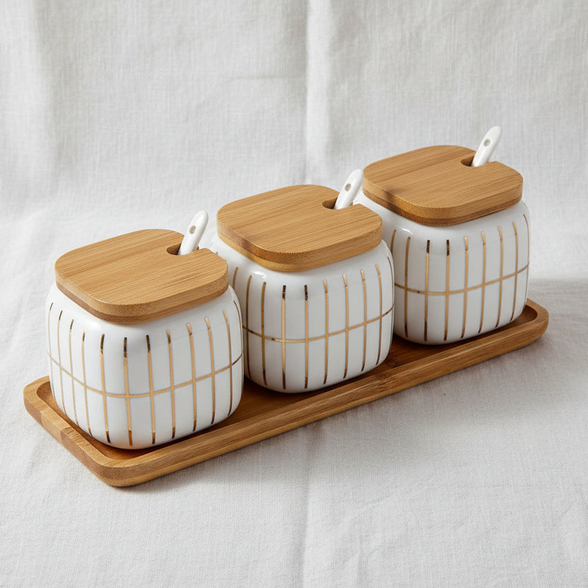 La Maya White/Gold Stripes 3 Pcs Spice Set W/Tray