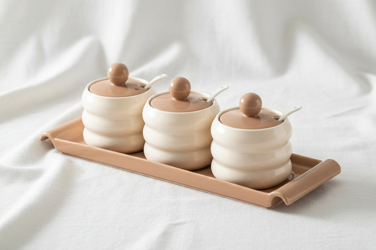 La Maya White/Beige 3 Pcs Spice Set W/Tray