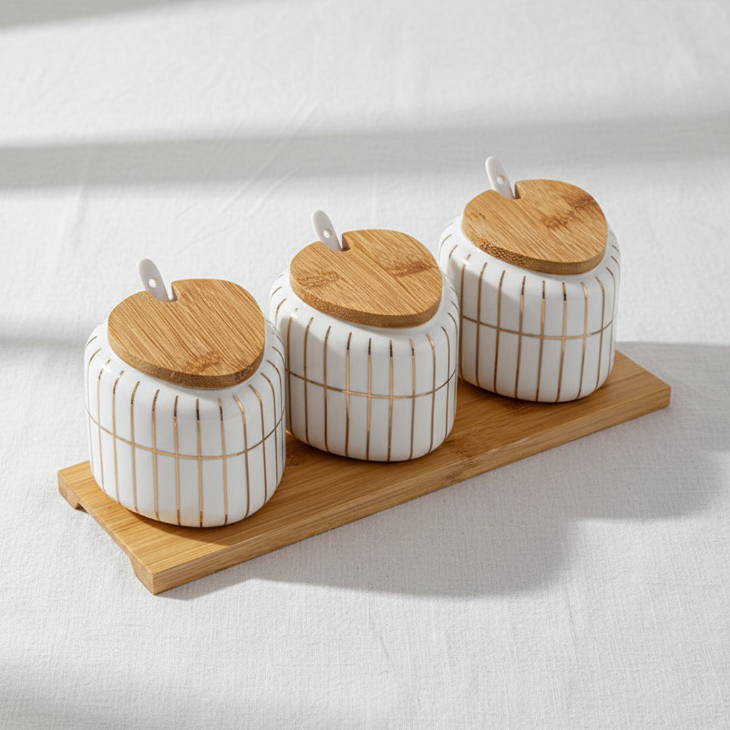 La Maya White/Gold Stripes 3 Pcs Spice Set W/Tray