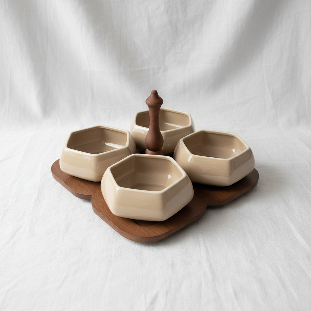 4-Piece Small Hexagonal Ceramic Bowl Set (Grey Electroplated)