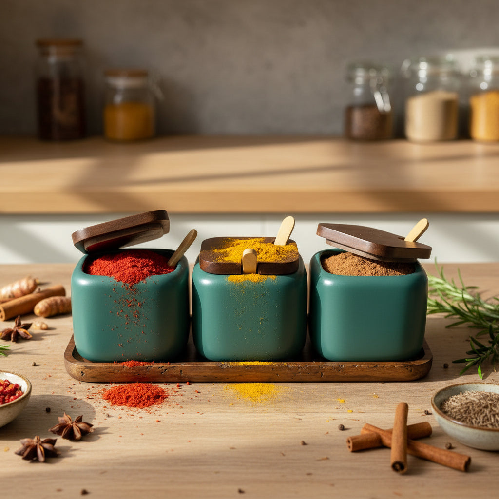 The La Maya Grey 3-Piece Spice Set with Tray
