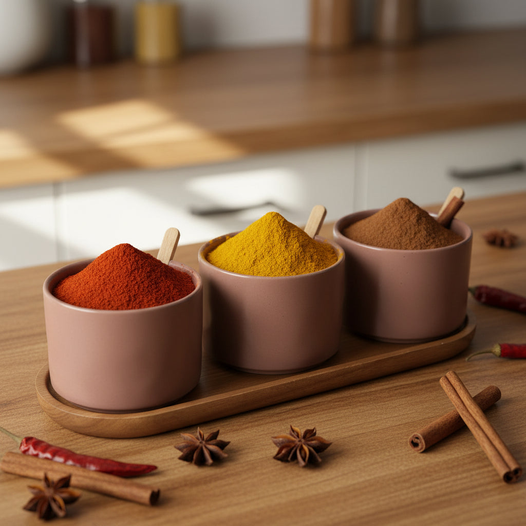 The La Maya Minimalist Brown 3-Piece Spice Set with Tray