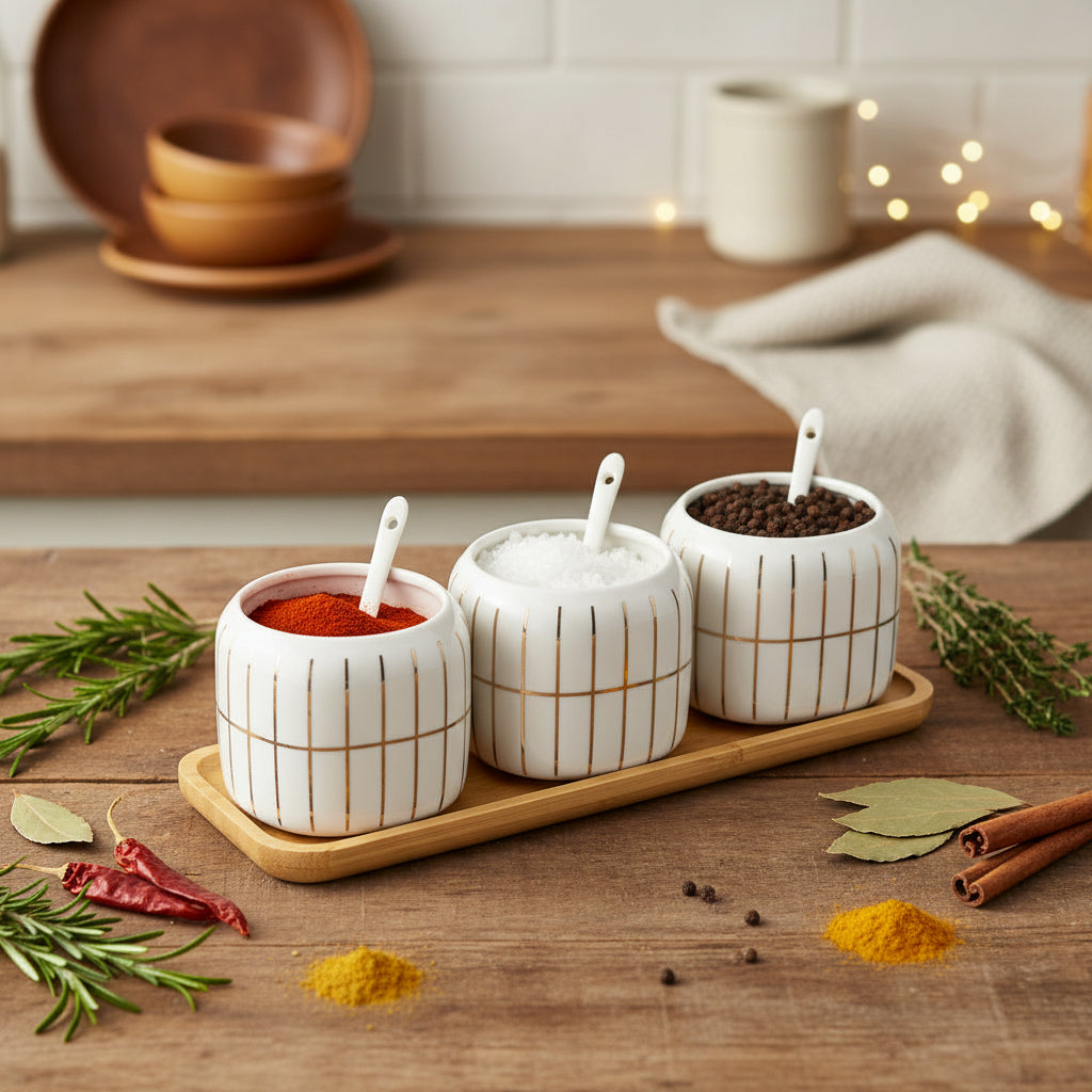 The La Maya Striped 3-Piece Spice Set with Tray