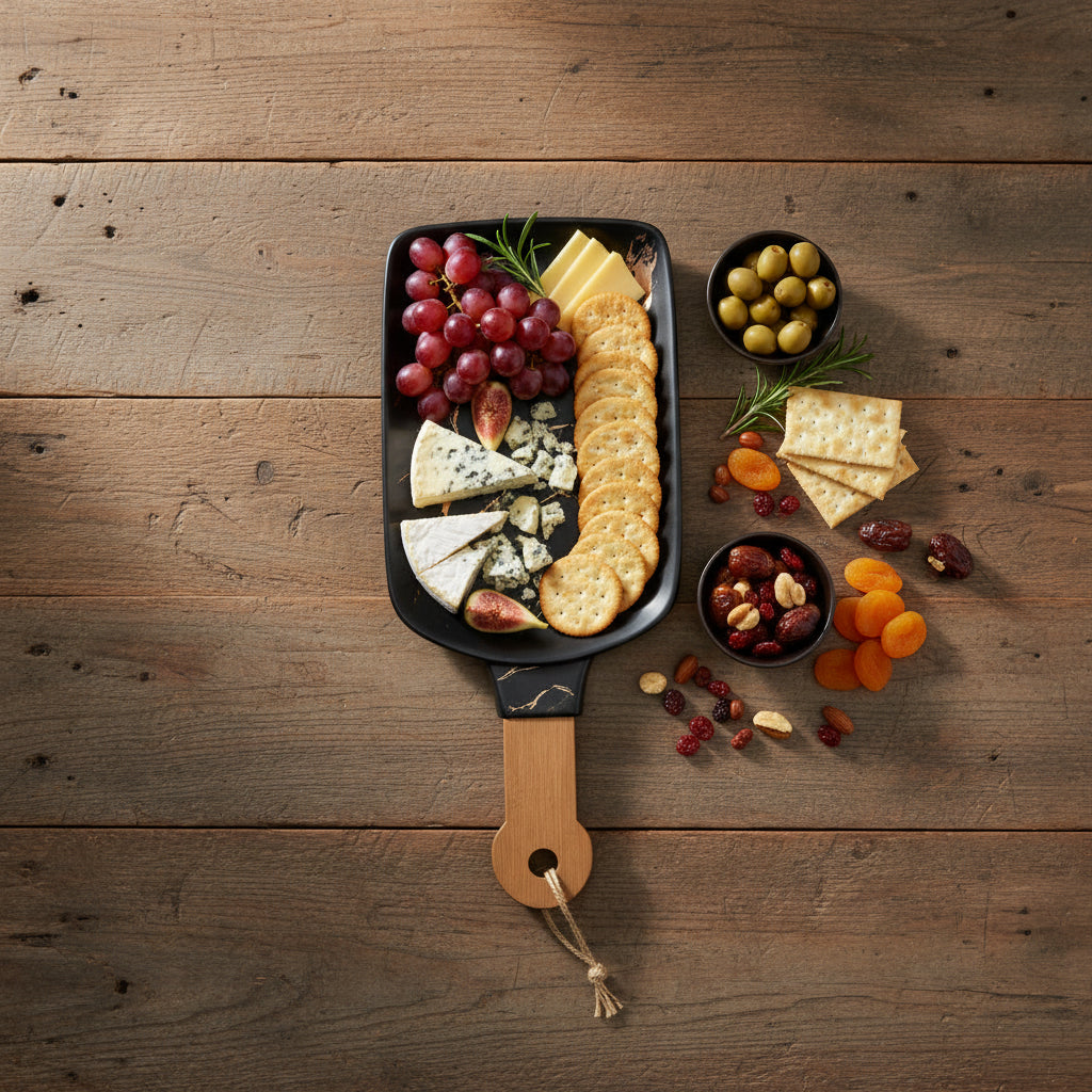 The Onyx Minimalist Porcelain Black Serving Plate (with Hardwood Handle)