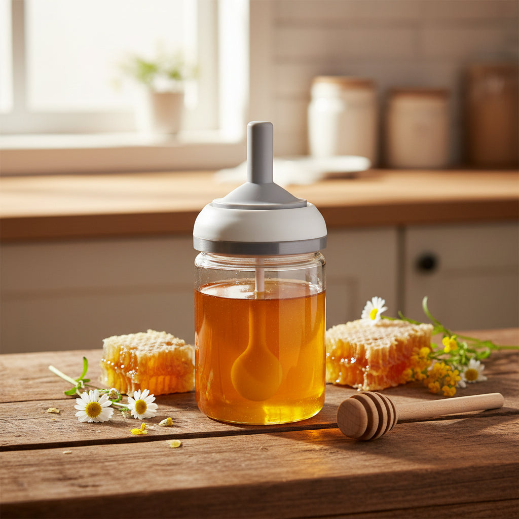 The Amber Flow Premium Glass Honey Jar with Integrated Lid & Spoon