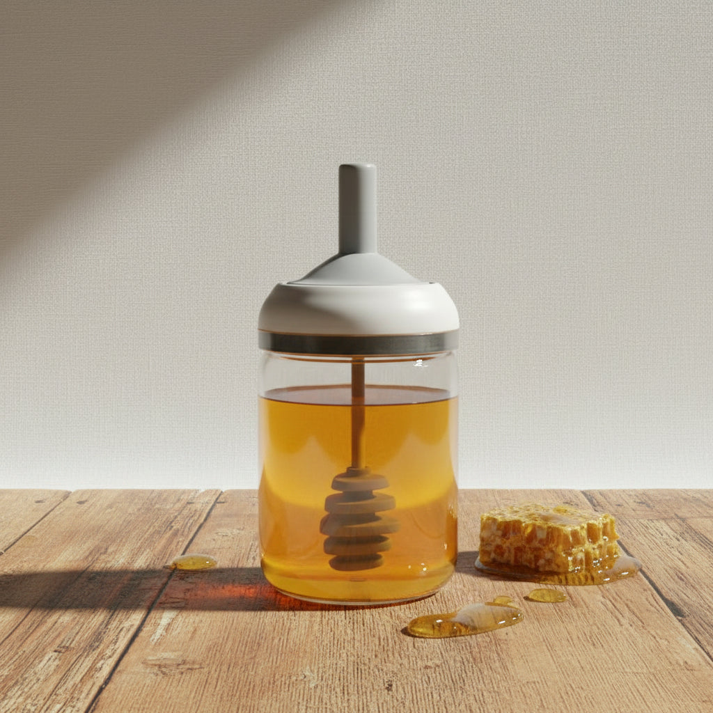 The Amber Flawless Glass Honey Jar with Honeycomb Lid